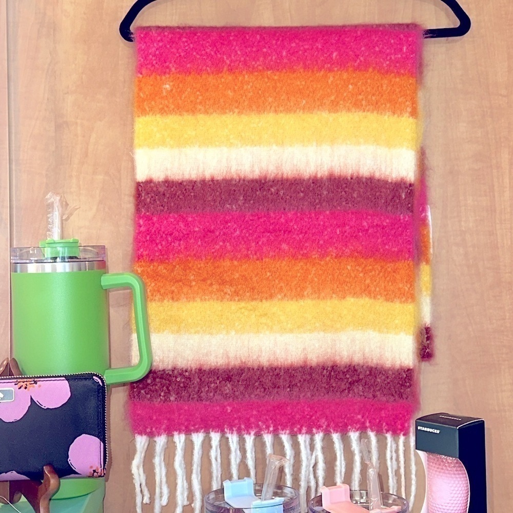 Fuzzy Boho Blanket Scarf / Wrap in Bright Color Stripes NWT